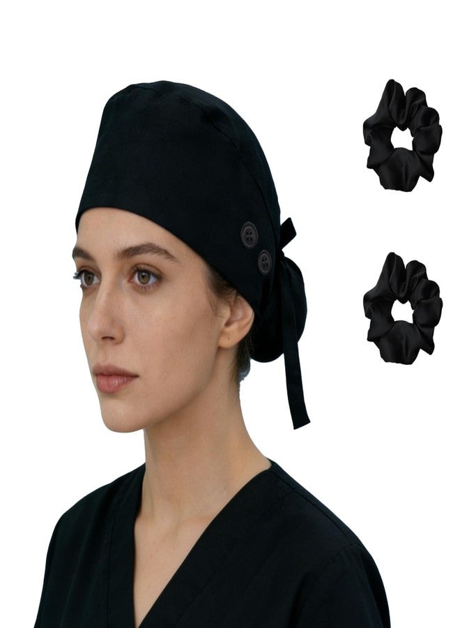 Hapforever 1PC Satin Lined Scrub Cap for Women, Surgical Nurse Caps with 4 Buttons Cotton Working Hat Sweatband Ponytail Scrub Caps for Long Hair Women with 2 Hair Ties (Black) - Image 1